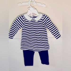 Baby girl, Jacadi navy and white stripe tunic and pants, navy blue.